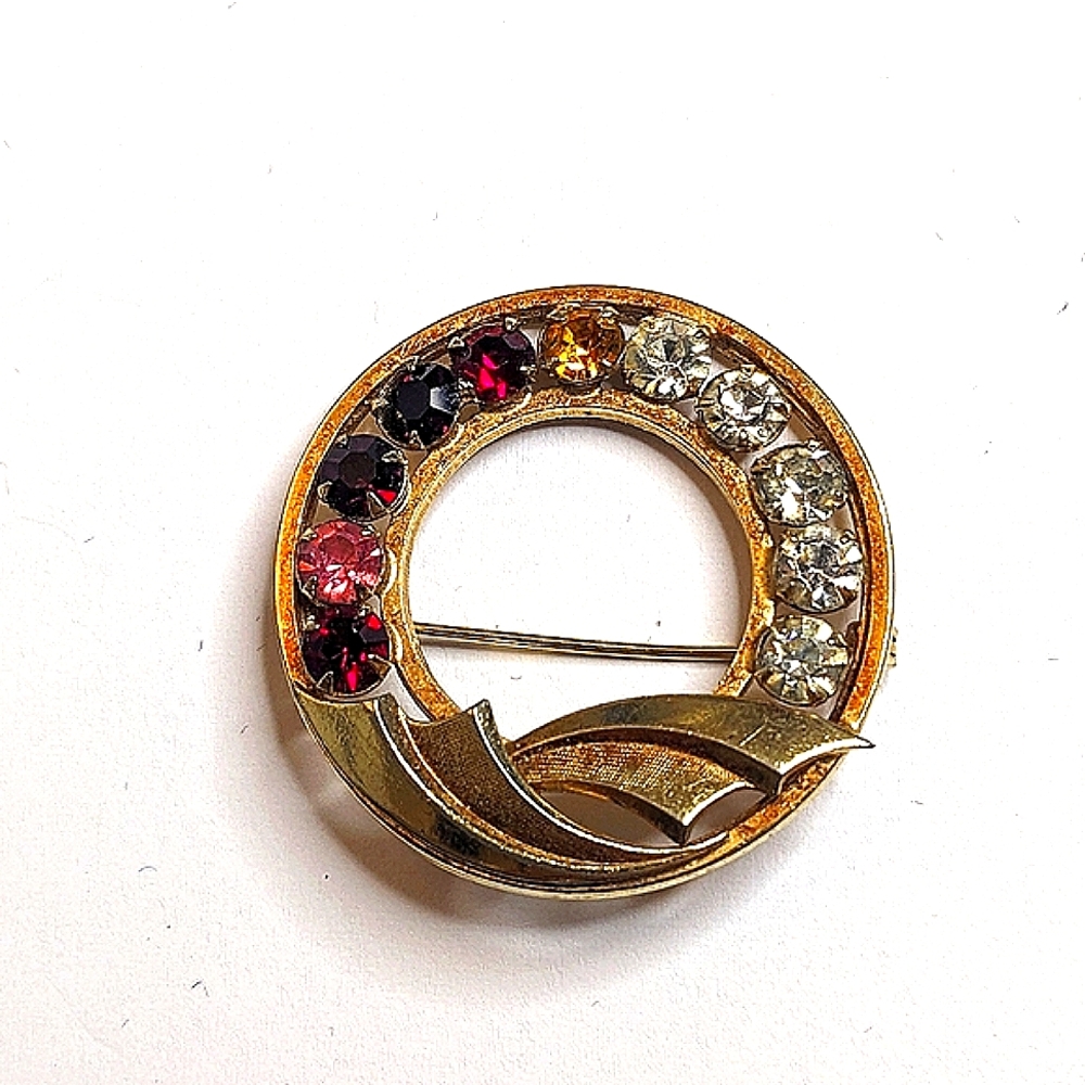 Vintage  Gold Filled Multi Colored Crystal‎ Brooch,  Signed 1/20 12k GF